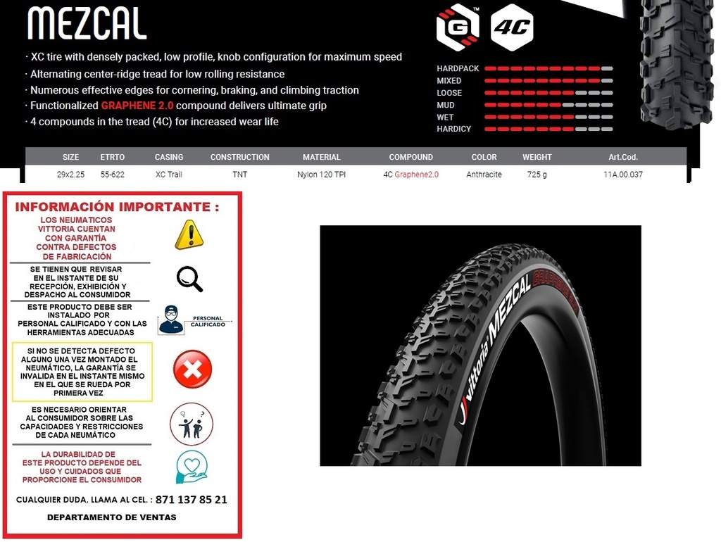 LLANTA VITTORIA MEZCAL III XC TRAIL 29X2.25 G2.0 TLR TUBELESS GRIS