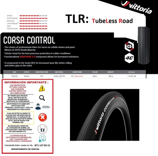 [VITCOR00219] LLANTA VITTORIA CORSA CTR 700X25 TLR G2.0 TUBELESS